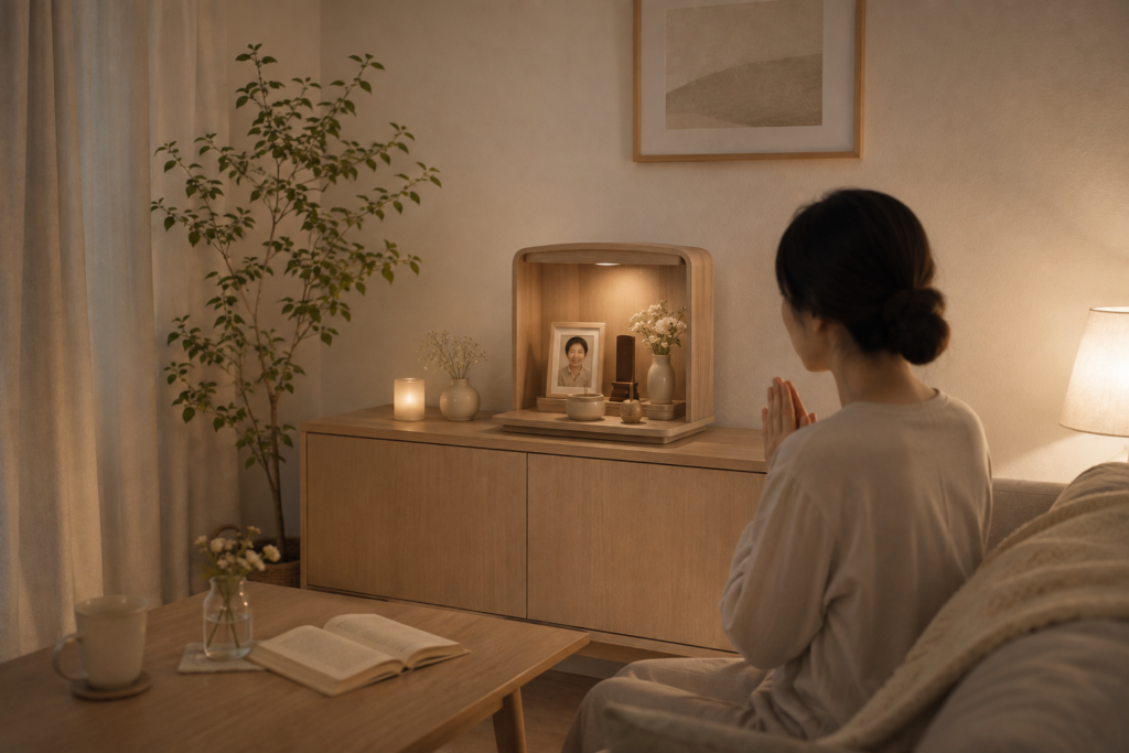 棚の一角に小さな祈りの場所があり、女性が一日の終わりにそこへ向かって穏やかに座っている。