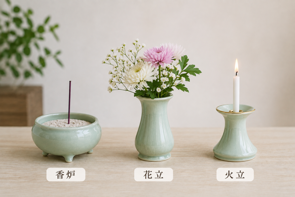 香炉・花立・火立の三具足をシンプルに並べた図解風イメージ