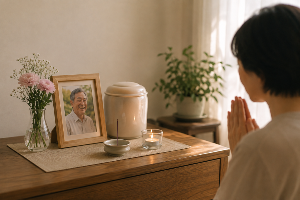 夕方の柔らかな光の中、写真の前に小さな花が一輪。人の手がそっと手を合わせている場面